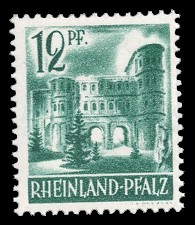 12 Rpf Briefmarke: Persönlichkeiten und Ansichten aus Rheinland-Pfalz I, Porta Nigra 12 Rpf Briefmarke: Persönlichkeiten und Ansichten aus Rheinland-Pfalz I, Porta Nigra