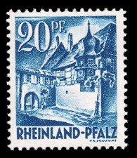 20 Rpf Briefmarke: Persönlichkeiten und Ansichten aus Rheinland-Pfalz I, Winzerhäuser 20 Rpf Briefmarke: Persönlichkeiten und Ansichten aus Rheinland-Pfalz I, Winzerhäuser