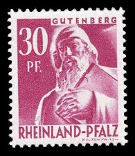 30 Rpf Briefmarke: Persönlichkeiten und Ansichten aus Rheinland-Pfalz I, Gutenberg 30 Rpf Briefmarke: Persönlichkeiten und Ansichten aus Rheinland-Pfalz I, Gutenberg