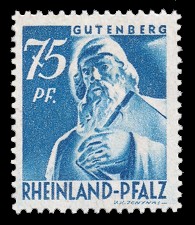 75 Rpf Briefmarke: Persönlichkeiten und Ansichten aus Rheinland-Pfalz I, Gutenberg 75 Rpf Briefmarke: Persönlichkeiten und Ansichten aus Rheinland-Pfalz I, Gutenberg
