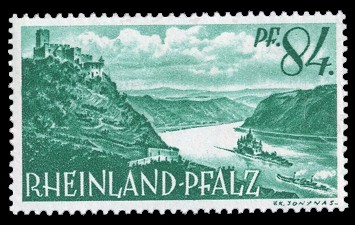 84 Rpf Briefmarke: Persönlichkeiten und Ansichten aus Rheinland-Pfalz I, Rhein bei Kaub