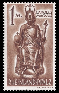 1 RM Briefmarke: Persönlichkeiten und Ansichten aus Rheinland-Pfalz I, Karl der Große 1 RM Briefmarke: Persönlichkeiten und Ansichten aus Rheinland-Pfalz I, Karl der Große
