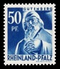 50 Pf Briefmarke: Pers&ouml;nlichkeiten und Ansichten aus Rheinland-Pfalz II, Gutenberg
