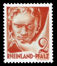 2 Pf Briefmarke: Persönlichkeiten und Ansichten aus Rheinland-Pfalz III, Beethoven 2 Pf Briefmarke: Persönlichkeiten und Ansichten aus Rheinland-Pfalz III, Beethoven