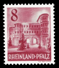 8 Pf Briefmarke: Persönlichkeiten und Ansichten aus Rheinland-Pfalz III, Porta Nigra 8 Pf Briefmarke: Persönlichkeiten und Ansichten aus Rheinland-Pfalz III, Porta Nigra