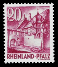 20 Pf Briefmarke: Persönlichkeiten und Ansichten aus Rheinland-Pfalz III, Winzerhäuser
