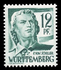 12 Rpf Briefmarke: Persönlichkeiten und Ansichten aus Württemberg-Hohenzollern I, Schiller