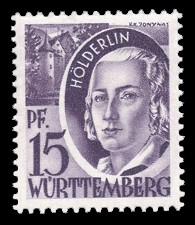 15 Rpf Briefmarke: Persönlichkeiten und Ansichten aus Württemberg-Hohenzollern I, Hölderlin 15 Rpf Briefmarke: Persönlichkeiten und Ansichten aus Württemberg-Hohenzollern I, Hölderlin