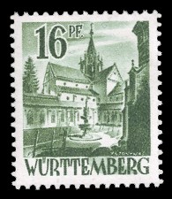 16 Rpf Briefmarke: Persönlichkeiten und Ansichten aus Württemberg-Hohenzollern I, Kloster Bebenhausen 16 Rpf Briefmarke: Persönlichkeiten und Ansichten aus Württemberg-Hohenzollern I, Kloster Bebenhausen