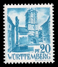 20 Rpf Briefmarke: Persönlichkeiten und Ansichten aus Württemberg-Hohenzollern I, Ravensburger Tor 20 Rpf Briefmarke: Persönlichkeiten und Ansichten aus Württemberg-Hohenzollern I, Ravensburger Tor