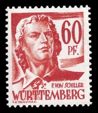 60 Rpf Briefmarke: Persönlichkeiten und Ansichten aus Württemberg-Hohenzollern I, Schiller 60 Rpf Briefmarke: Persönlichkeiten und Ansichten aus Württemberg-Hohenzollern I, Schiller
