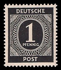 1 Pf Briefmarke: Freimarken I. Kontrollratsausgabe Ziffern, Ziffer 1 Pf 1 Pf Briefmarke: Freimarken I. Kontrollratsausgabe Ziffern, Ziffer 1 Pf