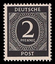 2 Pf Briefmarke: Freimarken I. Kontrollratsausgabe Ziffern, Ziffer 2 Pf 2 Pf Briefmarke: Freimarken I. Kontrollratsausgabe Ziffern, Ziffer 2 Pf