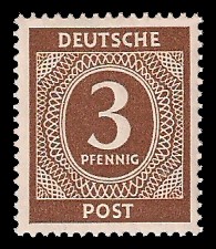 3 Pf Briefmarke: Freimarken I. Kontrollratsausgabe Ziffern, Ziffer 3 Pf 3 Pf Briefmarke: Freimarken I. Kontrollratsausgabe Ziffern, Ziffer 3 Pf