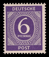 6 Pf Briefmarke: Freimarken I. Kontrollratsausgabe Ziffern, Ziffer 6 Pf 6 Pf Briefmarke: Freimarken I. Kontrollratsausgabe Ziffern, Ziffer 6 Pf