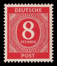 8 Pf Briefmarke: Freimarken I. Kontrollratsausgabe Ziffern, Ziffer 8 Pf 8 Pf Briefmarke: Freimarken I. Kontrollratsausgabe Ziffern, Ziffer 8 Pf