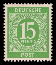 15 Pf Briefmarke: Freimarken I. Kontrollratsausgabe Ziffern, Ziffer 15 Pf 15 Pf Briefmarke: Freimarken I. Kontrollratsausgabe Ziffern, Ziffer 15 Pf