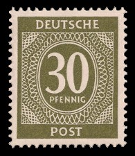 30 Pf Briefmarke: Freimarken I. Kontrollratsausgabe Ziffern, Ziffer 30 Pf 30 Pf Briefmarke: Freimarken I. Kontrollratsausgabe Ziffern, Ziffer 30 Pf