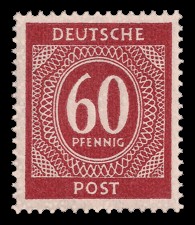 60 Pf Briefmarke: Freimarken I. Kontrollratsausgabe Ziffern, Ziffer 60 Pf 60 Pf Briefmarke: Freimarken I. Kontrollratsausgabe Ziffern, Ziffer 60 Pf