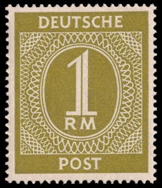 1 RM Briefmarke: Freimarken I. Kontrollratsausgabe Ziffern, Ziffer 1 RM 1 RM Briefmarke: Freimarken I. Kontrollratsausgabe Ziffern, Ziffer 1 RM