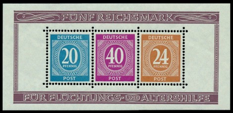 5 RM Briefmarke: Block gezähnt: Briefmarkenausstellung Berlin 1946 5 RM Briefmarke: Block gezähnt: Briefmarkenausstellung Berlin 1946