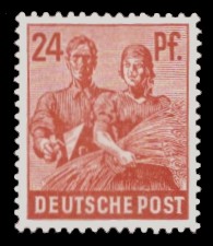 24 Pf Briefmarke: Freimarken II. Kontrollratsausgabe, Maurer und Bäuerin 24 Pf Briefmarke: Freimarken II. Kontrollratsausgabe, Maurer und Bäuerin