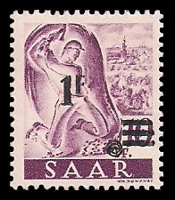 1 Fr auf 10 Pf Briefmarke: Saar II, Berufe und Ansichten aus dem Saarland 1 Fr auf 10 Pf Briefmarke: Saar II, Berufe und Ansichten aus dem Saarland