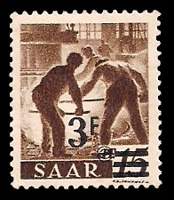 3 Fr auf 15 Pf Briefmarke: Saar II, Berufe und Ansichten aus dem Saarland 3 Fr auf 15 Pf Briefmarke: Saar II, Berufe und Ansichten aus dem Saarland