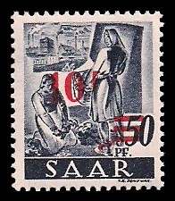 10 Fr auf 50 Pf Briefmarke: Saar II, Berufe und Ansichten aus dem Saarland