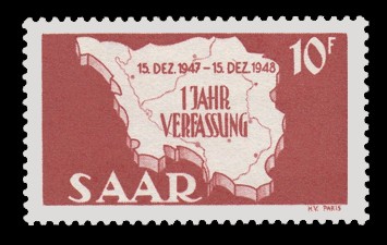 10 Fr Briefmarke: 1 Jahr Verfassung des Saarlandes