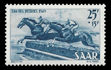 25+ 15 Fr Briefmarke: Tag des Pferdes 1949