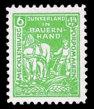 6 + 14 Pf Briefmarke: Junkerland in Bauernhand (Bodenreform), Bauer mit Pflug