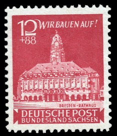 12 + 88 Pf Briefmarke: Wiederaufbau Dresden, Neues Rathaus