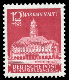 12 + 88 Pf Briefmarke: Wiederaufbau Dresden, Neues Rathaus 12 + 88 Pf Briefmarke: Wiederaufbau Dresden, Neues Rathaus