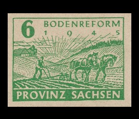 6 Pf Briefmarke: Bodenreform, Pflügender Bauer 6 Pf Briefmarke: Bodenreform, Pflügender Bauer