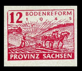 12 Pf Briefmarke: Bodenreform, Pflügender Bauer