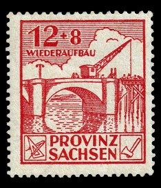 12 + 8 Pf Briefmarke: Wiederaufbau, Brückenbau 12 + 8 Pf Briefmarke: Wiederaufbau, Brückenbau