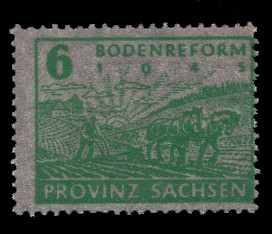 6 Pf Briefmarke: Bodenreform (Pflügender Bauer) auf Zigarettenpapier