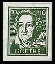 10 Pf Briefmarke: Wiederaufbau deutsches Nationaltheater Weimar, Goethe