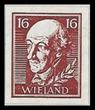 16 Pf Briefmarke: Wiederaufbau deutsches Nationaltheater Weimar, Wieland 16 Pf Briefmarke: Wiederaufbau deutsches Nationaltheater Weimar, Wieland