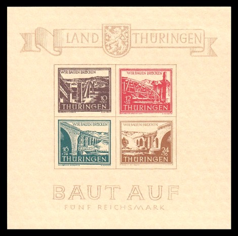 5 RM Briefmarke: Block: Wiederaufbau zerst&ouml;rter Br&uuml;cken in Th&uuml;ringen