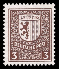 3 Pf Briefmarke: Abschiedsausgabe, Freimarkenserie Leipzig, Stadtwappen 3 Pf Briefmarke: Abschiedsausgabe, Freimarkenserie Leipzig, Stadtwappen