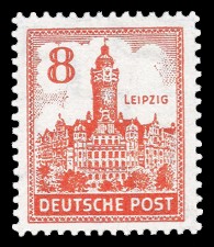 8 Pf Briefmarke: Abschiedsausgabe, Freimarkenserie Leipzig, Neues Rathaus 8 Pf Briefmarke: Abschiedsausgabe, Freimarkenserie Leipzig, Neues Rathaus