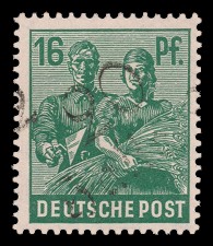 16 Pf Briefmarke: Freimarken II. Kontrollratsausgabe, Maurer und Bäuerin - mit Aufdruck Bezirksstempel