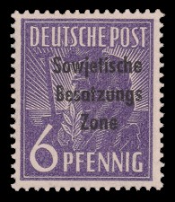 6 Pf Briefmarke: Freimarken II. Kontrollratsausgabe, Pflanzer - mit Maschinenaufdruck ‘Sowjetische Besatzungs Zone’ 6 Pf Briefmarke: Freimarken II. Kontrollratsausgabe, Pflanzer - mit Maschinenaufdruck ‘Sowjetische Besatzungs Zone’