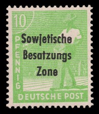 10 Pf Briefmarke: Freimarken II. Kontrollratsausgabe, Sämann - mit Maschinenaufdruck ‘Sowjetische Besatzungs Zone’ 10 Pf Briefmarke: Freimarken II. Kontrollratsausgabe, Sämann - mit Maschinenaufdruck ‘Sowjetische Besatzungs Zone’
