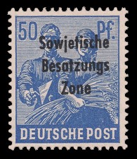 50 Pf Briefmarke: Freimarken II. Kontrollratsausgabe, Maurer und Bäuerin - mit Maschinenaufdruck ‘Sowjetische Besatzungs Zone’ 50 Pf Briefmarke: Freimarken II. Kontrollratsausgabe, Maurer und Bäuerin - mit Maschinenaufdruck ‘Sowjetische Besatzungs Zone’