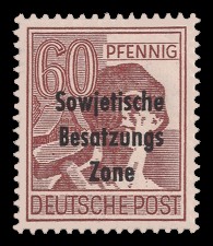 60 Pf Briefmarke: Freimarken II. Kontrollratsausgabe, Arbeiter - mit Maschinenaufdruck ‘Sowjetische Besatzungs Zone’