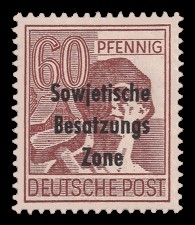 60 Pf Briefmarke: Freimarken II. Kontrollratsausgabe, Arbeiter - mit Maschinenaufdruck ‘Sowjetische Besatzungs Zone’ 60 Pf Briefmarke: Freimarken II. Kontrollratsausgabe, Arbeiter - mit Maschinenaufdruck ‘Sowjetische Besatzungs Zone’