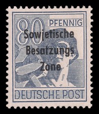 80 Pf Briefmarke: Freimarken II. Kontrollratsausgabe, Arbeiter - mit Maschinenaufdruck ‘Sowjetische Besatzungs Zone’